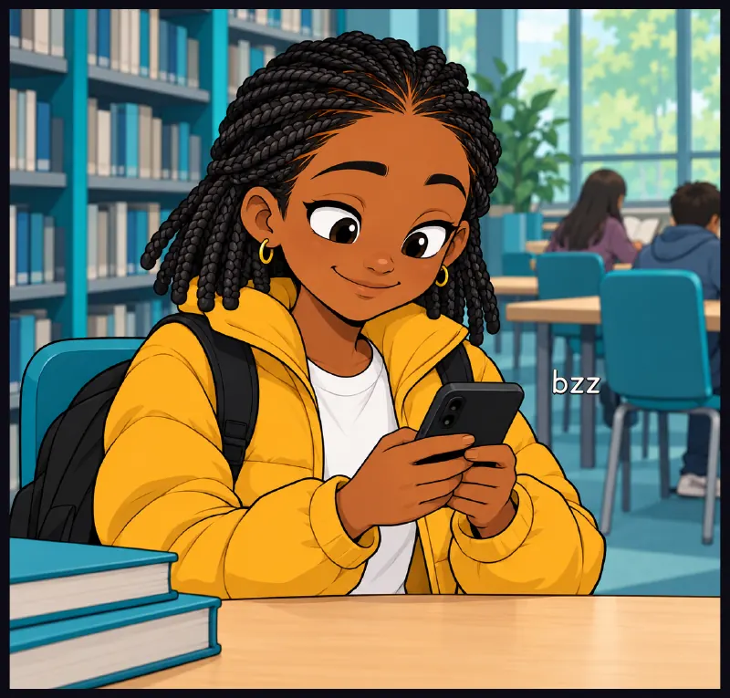 Jawu's phone buzzes in her hand. She glances down, smiling. Sound: bzz