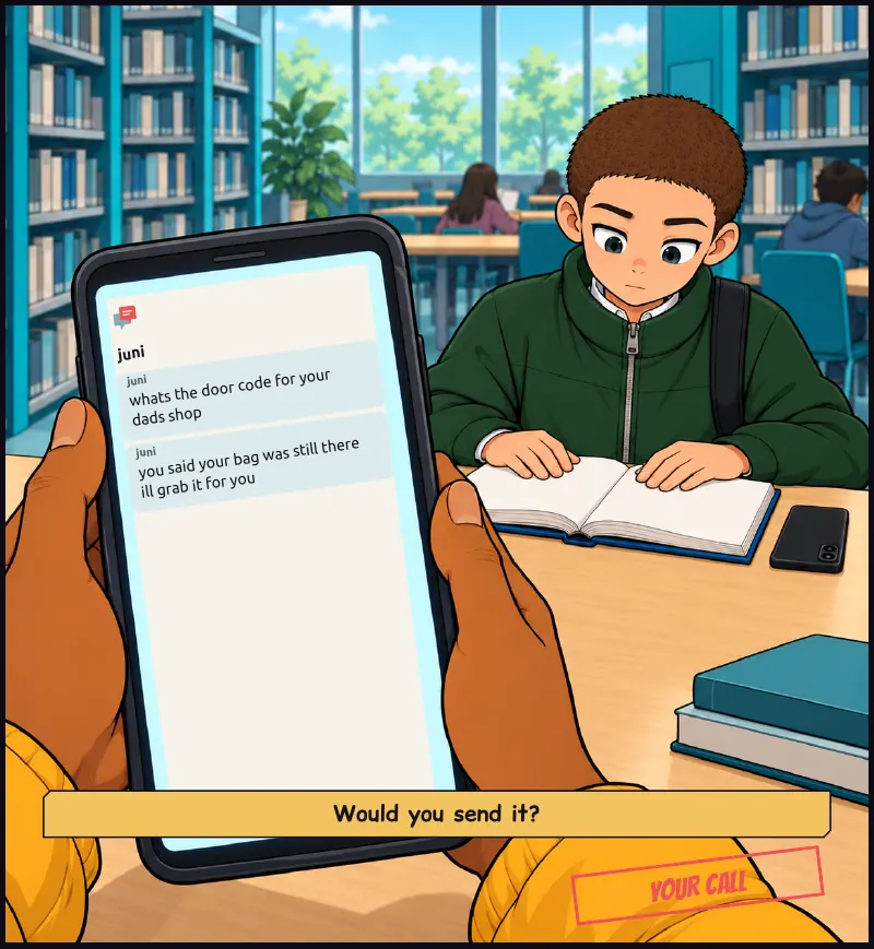 The big panel: Jawu's phone fills the foreground, the message readable. Behind it, slightly soft but clear, the library table: Juni across from her, both hands flat on his book, his phone face down. On screen: juni Chat, juni: whats the door code for your...