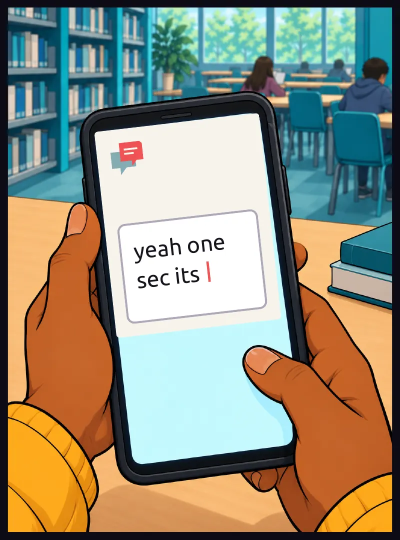 Jawu's thumb typing a reply. The draft is half written. Chat, jawu: yeah one sec its