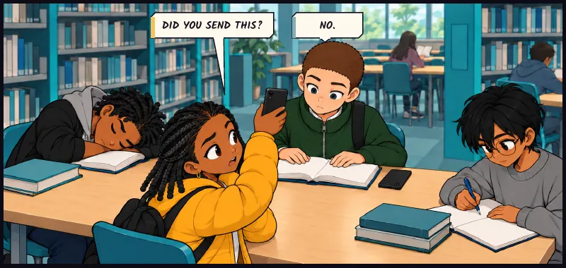 The composition of page 3, panel 3, from Jawu's side. Jawu turns her phone round to show him. Jawu: Did you send this? Juni: No.