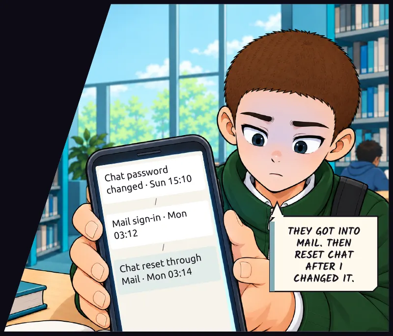 Juni turns his phone face up and opens the alert he never read. His account activity. On screen: Chat password changed · Sun 15:10 / Mail sign-in · Mon 03:12 / Chat reset through Mail · Mon 03:14 Juni: They got into Mail. Then reset Chat after I changed it.