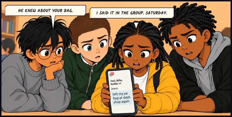 All four hunched over Jawu's phone. On it, her own message in the group from Saturday. On screen: jawu: left my pe bag at dads shop again Sudde: He knew about your bag. Jawu: I said it in the group. Saturday.