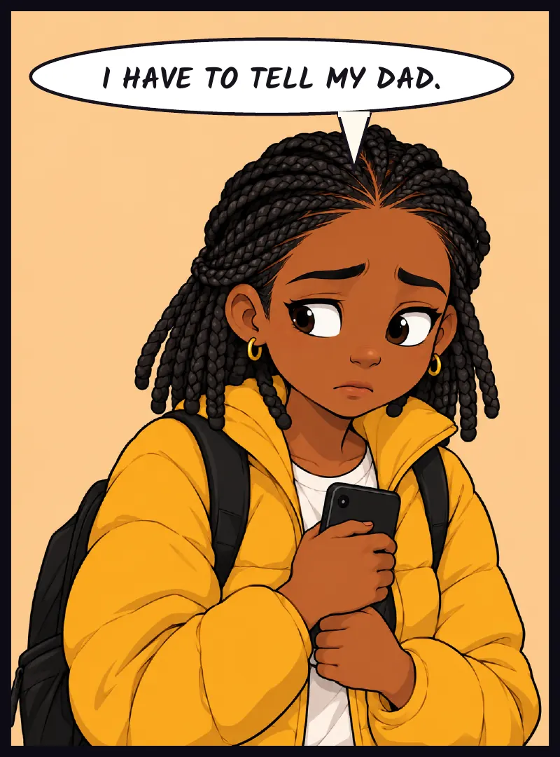 Jawu, phone held against her chest. Jawu: I have to tell my dad.