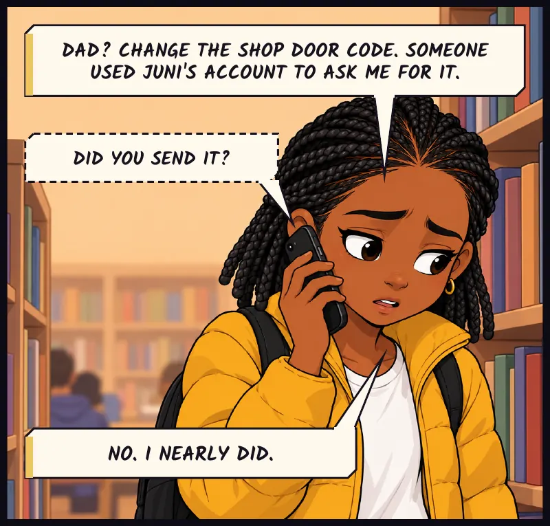 Jawu on the phone between the bookshelves, whispering. Jawu: Dad? Change the shop door code. Someone used Juni's account to ask me for it. Dad (phone): Did you send it? Jawu: No. I nearly did.