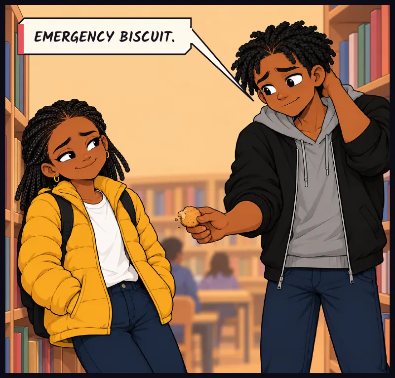 Jawu slumped against the shelves. Bille, awkward, holds out a slightly squashed biscuit from his pocket. Bille: Emergency biscuit.
