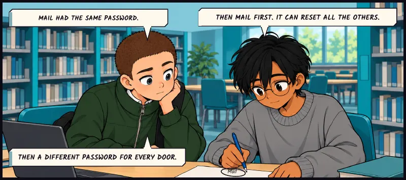 Juni with the laptop. Sudde slides the printed list away and draws one circle on it, round Mail. Juni: Mail had the same password. Sudde: Then Mail first. It can reset all the others. Juni: Then a different password for every door.