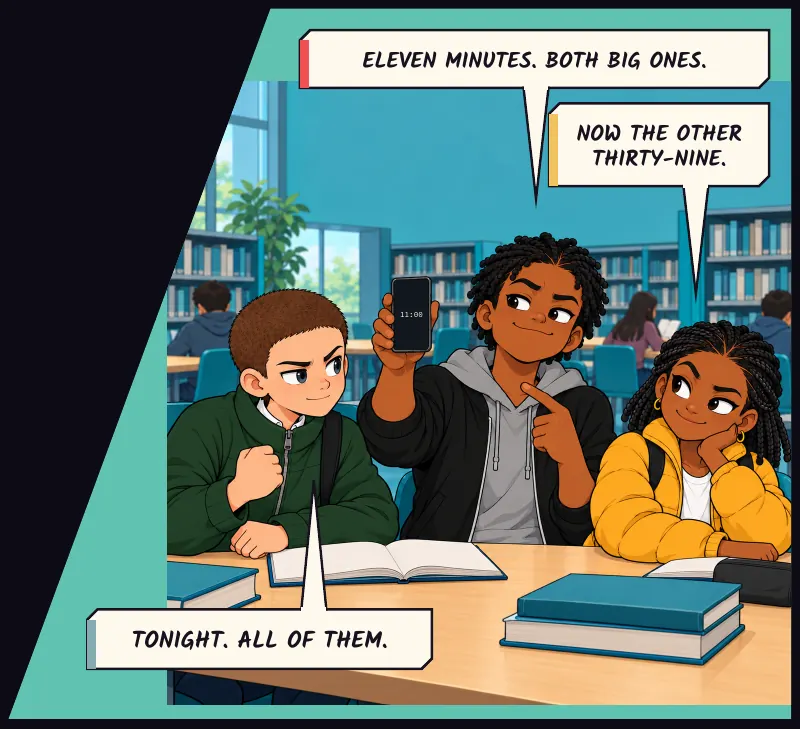 Bille holding up his phone stopwatch, Jawu beside him. Bille: Eleven minutes. Both big ones. Jawu: Now the other thirty-nine. Juni: Tonight. All of them.