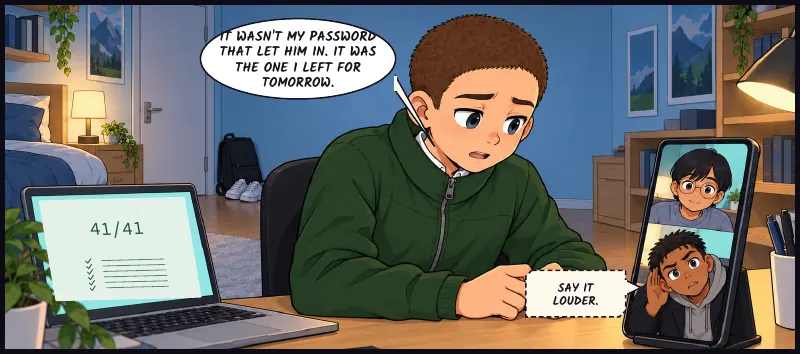 Evening, Juni's desk. On the laptop behind him, the list: every line ticked, 41 of 41. Juni: It wasn't my password that let him in. It was the one I left for tomorrow. Bille (phone): Say it louder.
