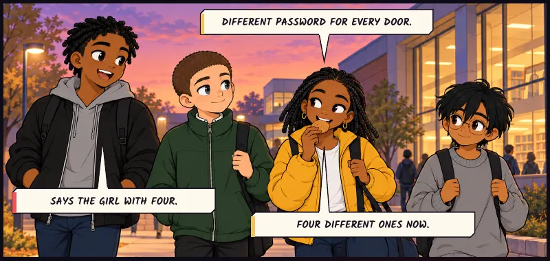 Next day, dusk. The four walking home past the library, Jawu with her PE bag back over her shoulder, nibbling the emergency biscuit. Jawu: Different password for every door. Bille: Says the girl with four. Jawu: Four different ones now.