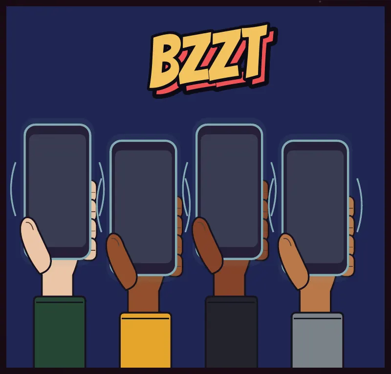 Small inset: four phones buzzing at once in four hands. Sound: BZZT