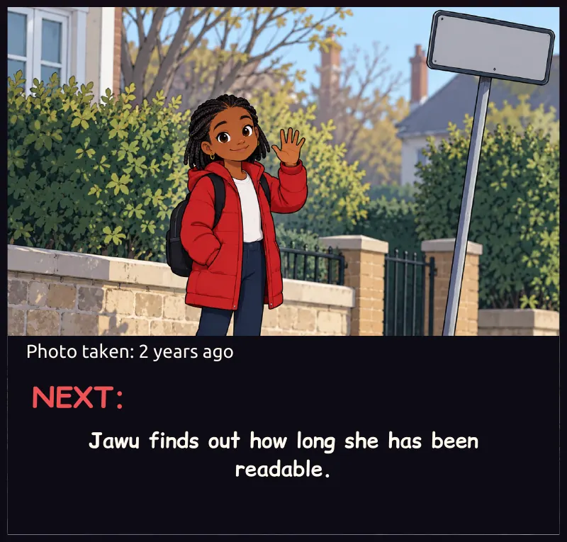 The attachment, full width: a photo of Jawu at about eleven, waving from across a street in a red coat she has not owned for two years, a crooked road sign behind her. Under it, small: Photo taken: 2 years ago. On screen: Photo taken: 2 years ago Next:...