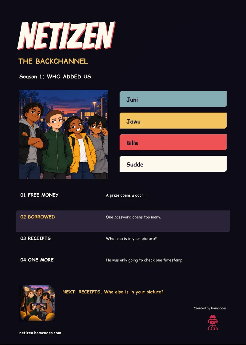 Season page. NETIZEN NETIZEN THE BACKCHANNEL Season 1: WHO ADDED US Juni Jawu Bille Sudde 01 FREE MONEY A prize opens a door. 02 BORROWED One password opens too many. 03 RECEIPTS Who else is in your picture? 04 ONE MORE He was only going to check one...