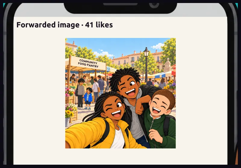 A forwarded image on a phone. Three laughing faces fill the foreground. On screen: Forwarded image · 41 likes