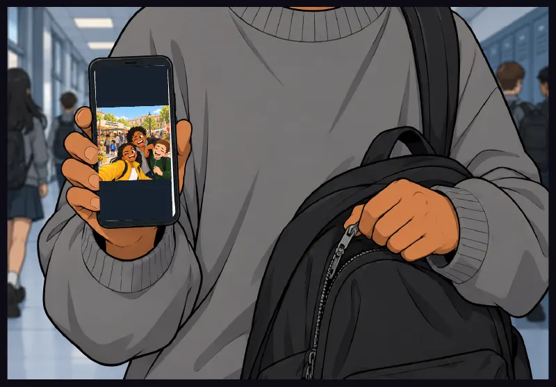 Sudde's hand holding his phone, the same image on it. His other hand has stopped halfway through zipping his bag.