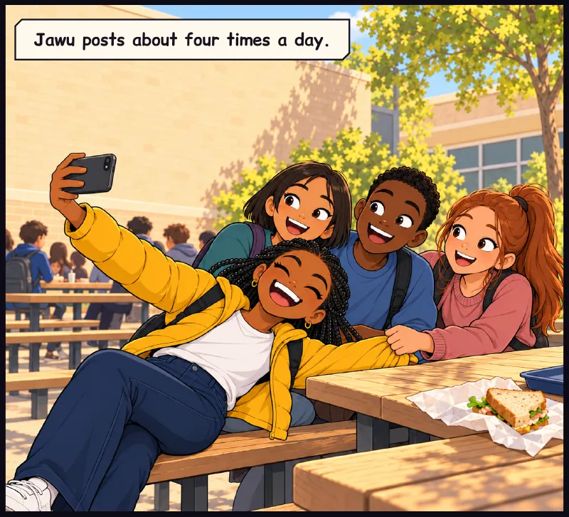 Earlier. Jawu at lunch at her best: leaning so far back to fit three classmates into the shot that she nearly tips off the bench. Caption: Jawu posts about four times a day.