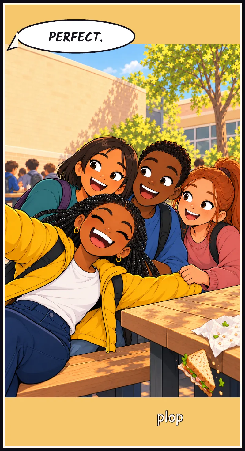 Tall close-up: the photo she just took. Faces perfect in the middle. Jawu (off): Perfect. Sound: plop