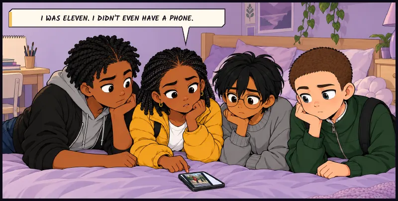 Jawu's room. The four crowded around her phone, looking at the photo of her at eleven in the red coat. Jawu: I was eleven. I didn't even have a phone.