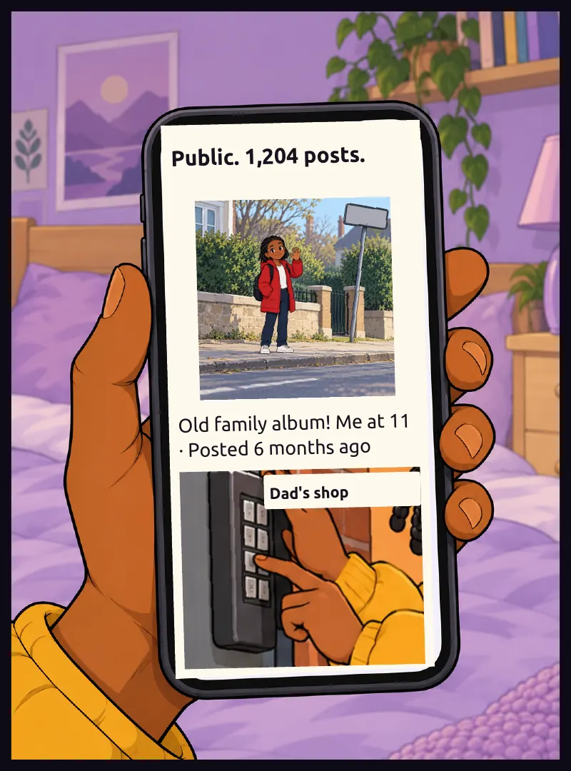Close on Jawu's phone: her public profile, a post from a family album. The red-coat photo sits among old family pictures. On screen: Public. 1,204 posts. On screen: Old family album! Me at 11 · Posted 6 months ago