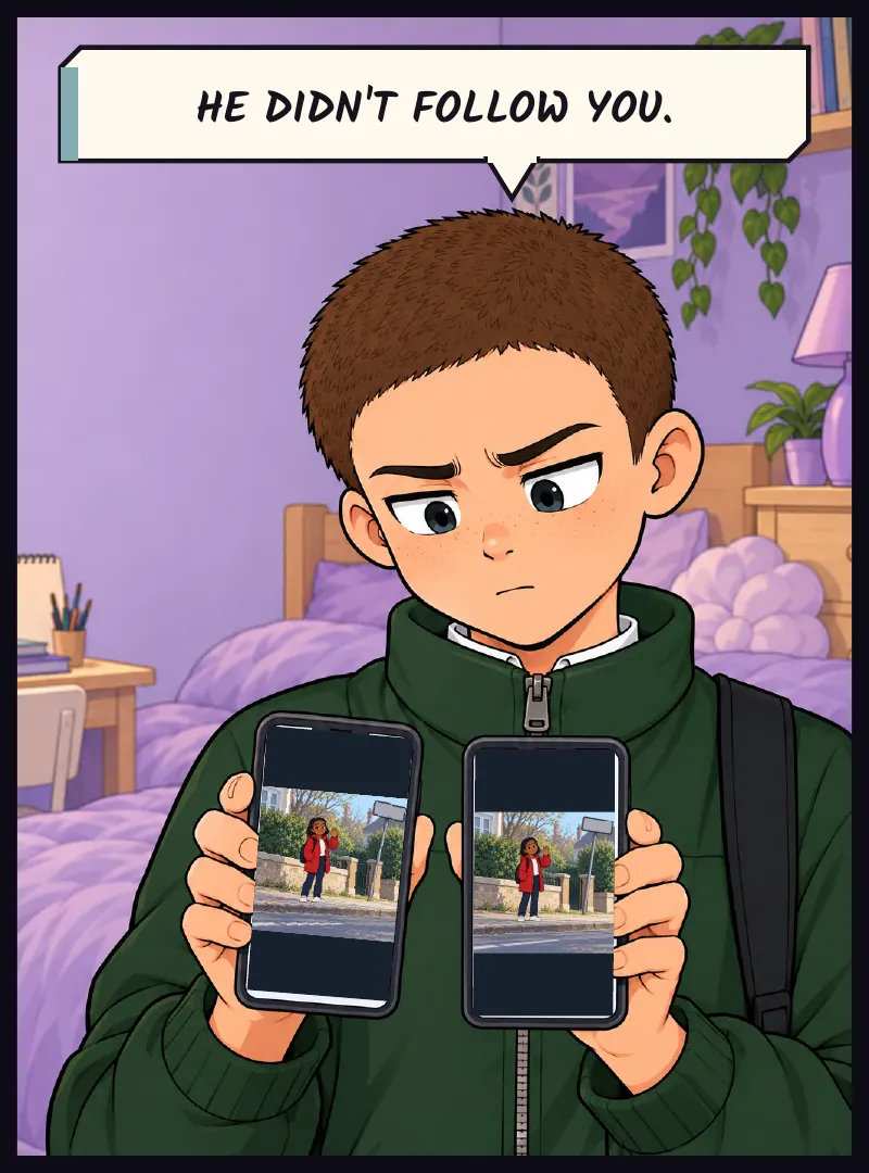 Juni holds the sent photo beside the album photo. Same coat, same crooked road sign. Juni: He didn't follow you.