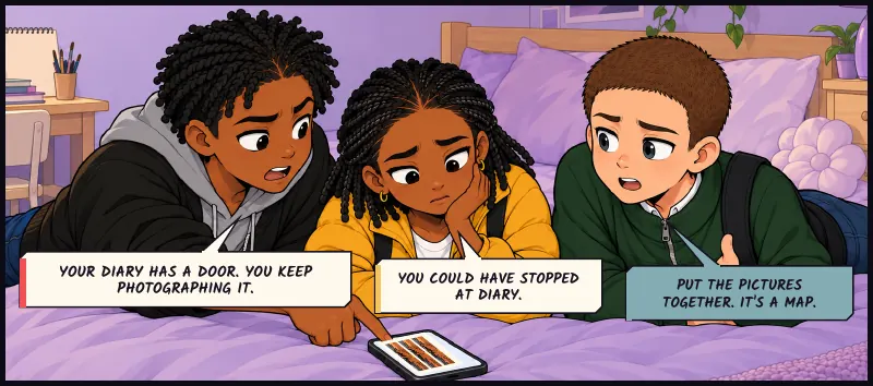 Wide across the bed. Bille points at three different photos on the profile, all with the same shop doorway in them. Bille: Your diary has a door. You keep photographing it. Jawu: You could have stopped at diary. Juni: Put the pictures together. It's a map.