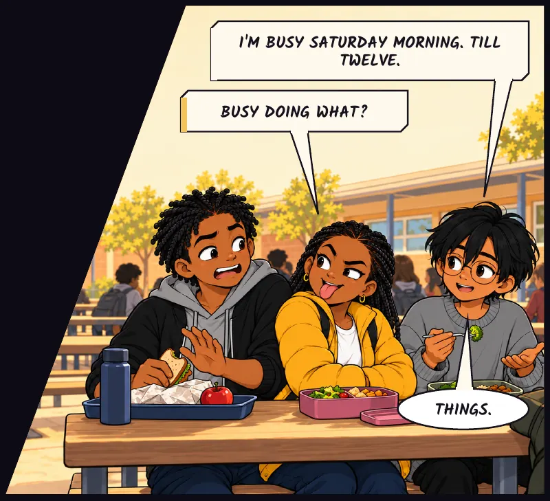 Next day at lunch. Jawu sticks her tongue out at Bille. Sudde: I'm busy Saturday morning. Till twelve. Jawu: Busy doing what? Sudde: Things.