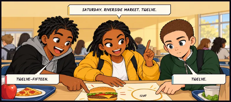 Jawu, already organising, a market leaflet under her elbow. Bille's finger on a picture of a burger; Juni moves it onto the printed time. Jawu: Saturday. Riverside Market. Twelve. Bille: Twelve-fifteen. Juni: Twelve.