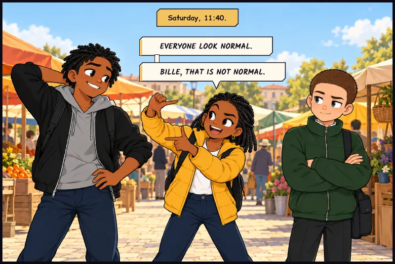 Big ensemble. Saturday, a sunny market square full of stalls. Time: Saturday, 11:40. Jawu: Everyone look normal. Jawu: Bille, that is not normal.