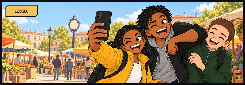 Twenty minutes later, a market clock behind them. Jawu holds her phone up for a selfie, the three squeezed in, Bille's elbow nearly in Juni's nose. Time: 12:00.