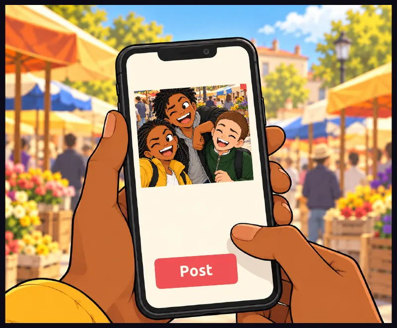 Close on her thumb, hovering over Post.