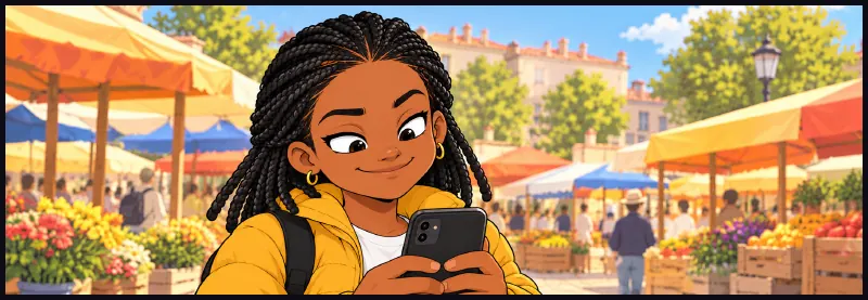 Open strip above the frame, no border: Jawu grinning down at her phone.