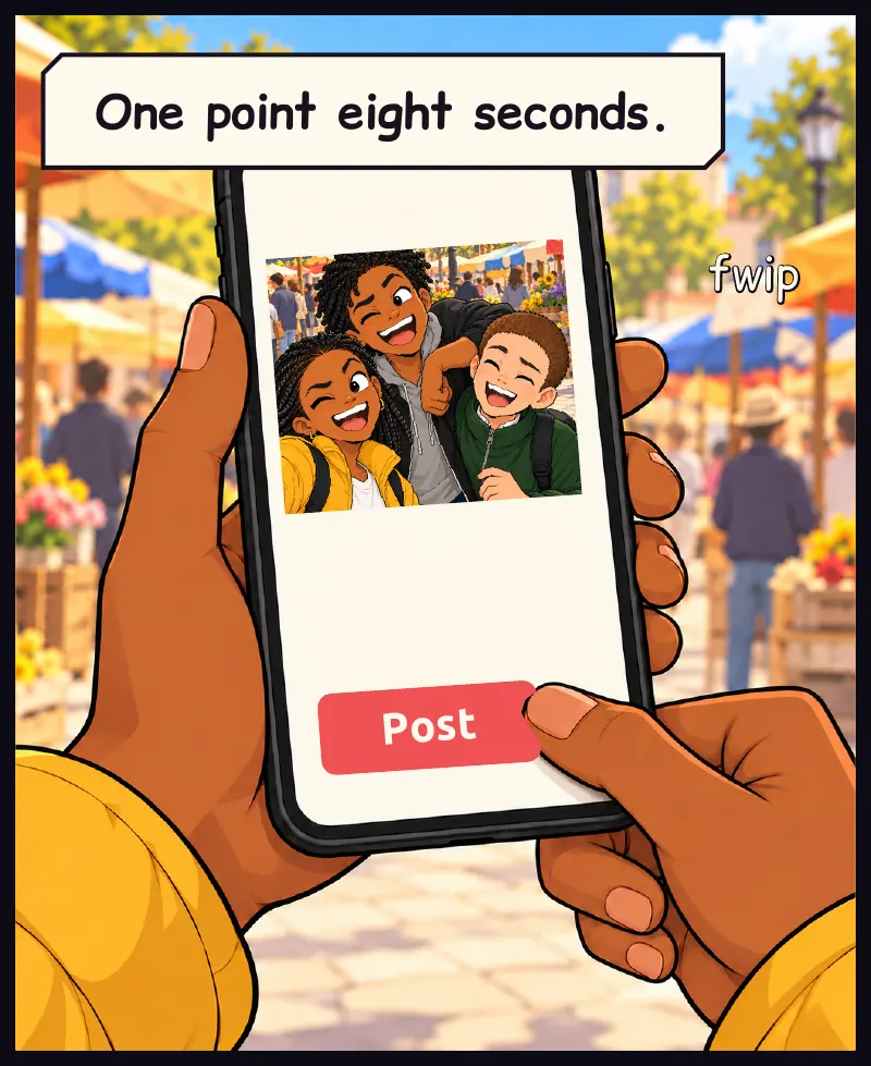 Jawu's thumb taps Post. Sound: fwip Caption: One point eight seconds.