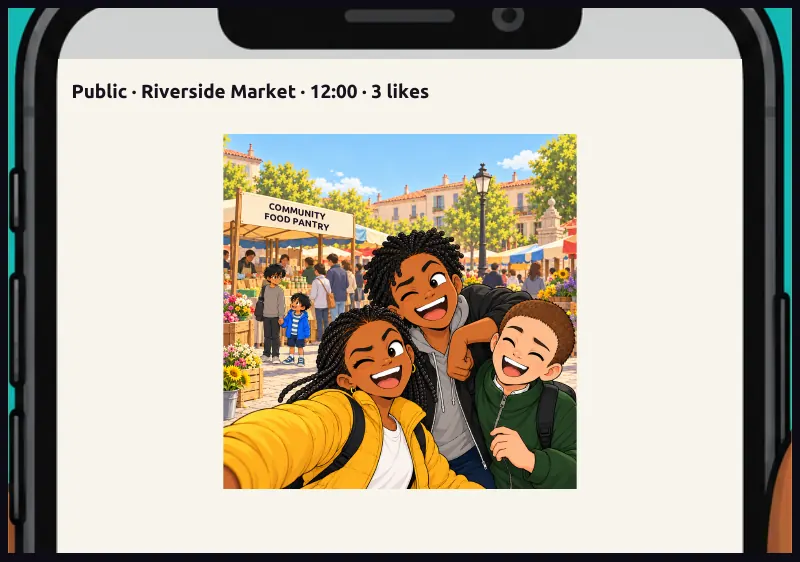 Phone insert: the post is live. On screen: Public · Riverside Market · 12:00 · 3 likes