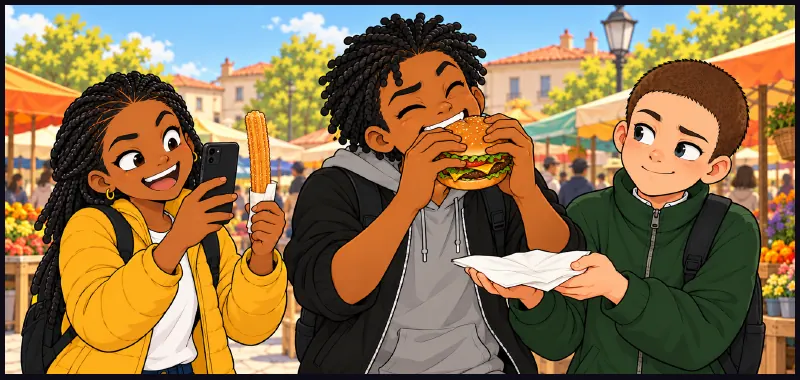The three wander the market. Jawu is already photographing a churro.
