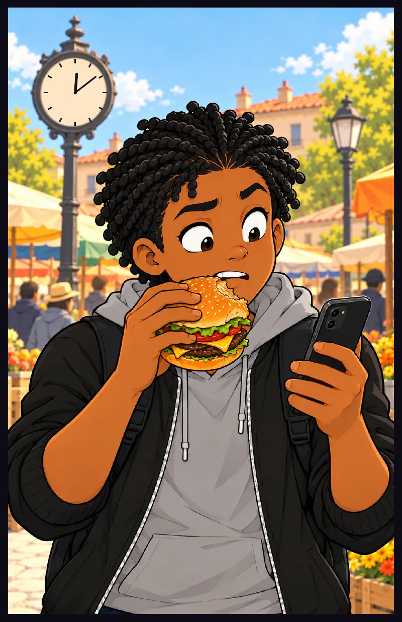 Bille glances at his phone, mid-bite. A market clock behind him: 12:09.