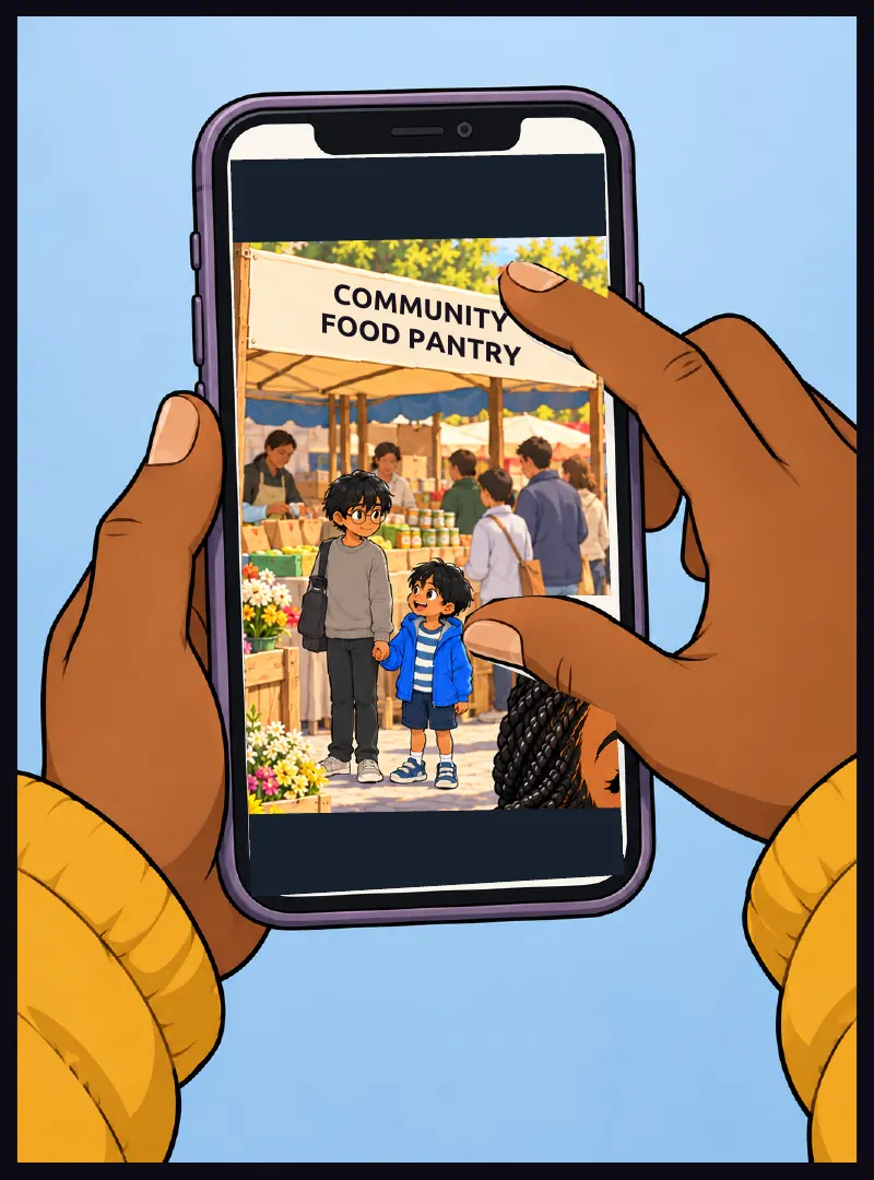 Her fingers pinch-zoom the background. Sudde, his brother, the sign.