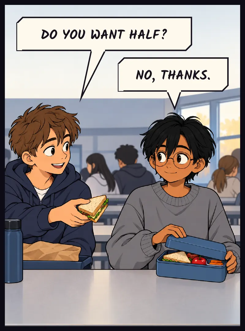 A classmate holds out half a sandwich to Sudde, unasked. Sudde closes his own lunchbox, which has food in it. Classmate: Do you want half? Sudde: No, thanks.
