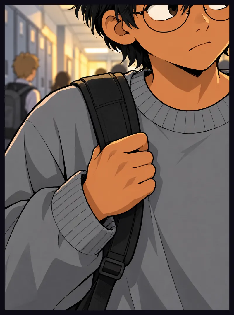 Close on Sudde's hand tightening on his bag strap.