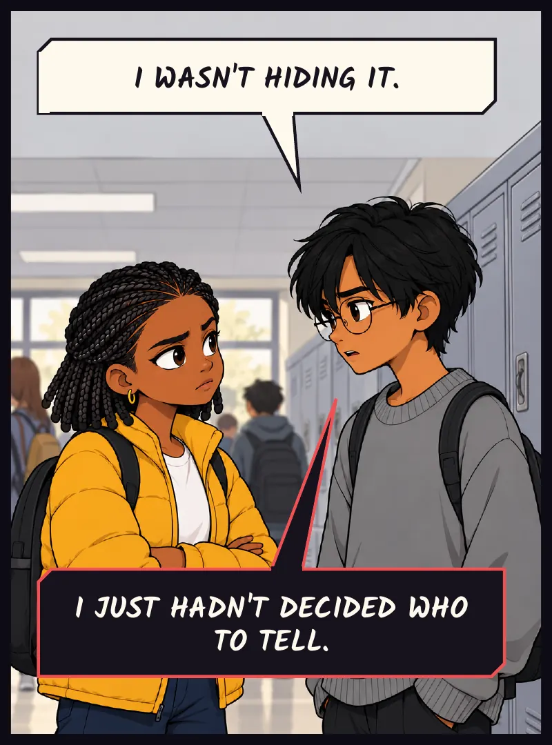 Sudde and Jawu face to face by the lockers. Her phone is away. Sudde: I wasn't hiding it. Sudde: I just hadn't decided who to tell.