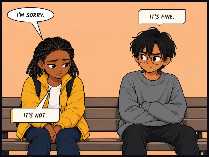 Jawu and Sudde on a bench. Short, honest, nobody let off. Jawu: I'm sorry. Sudde: It's fine. Jawu: It's not.