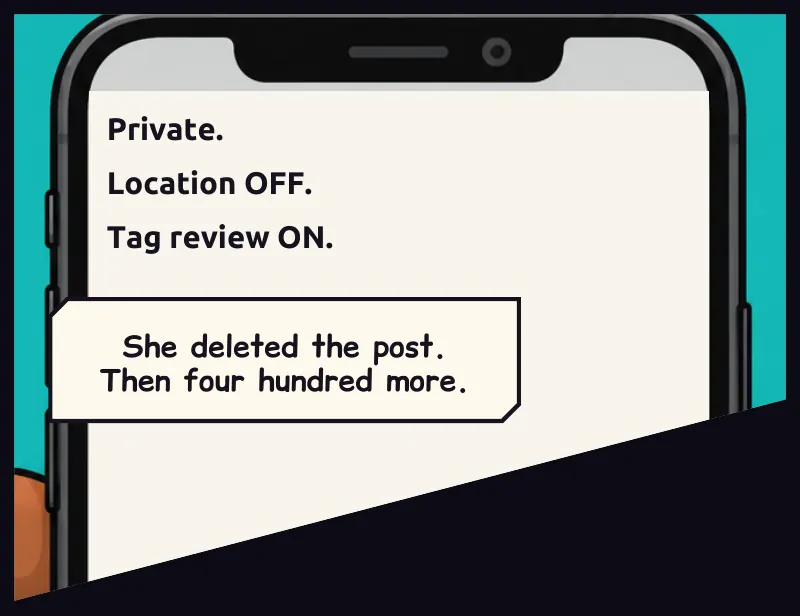 Split half: Jawu's profile review. Fewer posts, the shop-door photos gone, settings changed. On screen: Private. Location OFF. Tag review ON. Caption: She deleted the post. Then four hundred more.