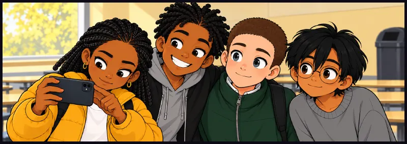 Days later, lunch. Jawu holds up her phone for a photo of the four, then holds it away to check every corner of the screen, not just the faces.