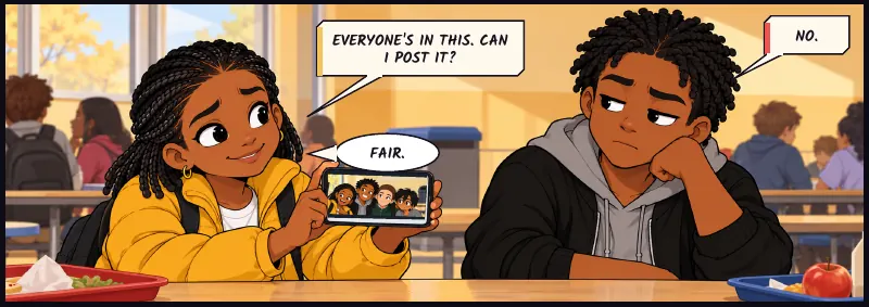 Jawu shows them the picture instead of posting it. Bille answers. Jawu: Everyone's in this. Can I post it? Bille: No. Jawu: Fair.