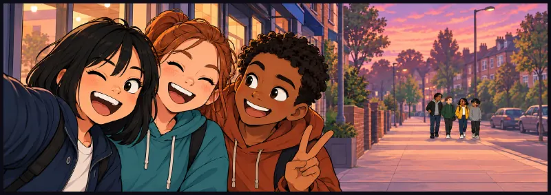Late afternoon. The four walking home, Jawu's phone in her pocket.