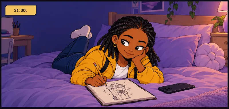 Night. Jawu lying on her bed, sketching the world's most glamorous bin in a notebook, phone face down beside her for once. Time: 21:30.