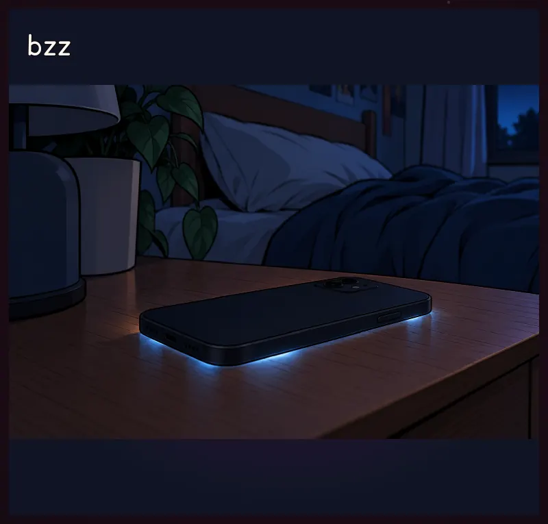 Small inset: the face-down phone lights up at the edges. Sound: bzz