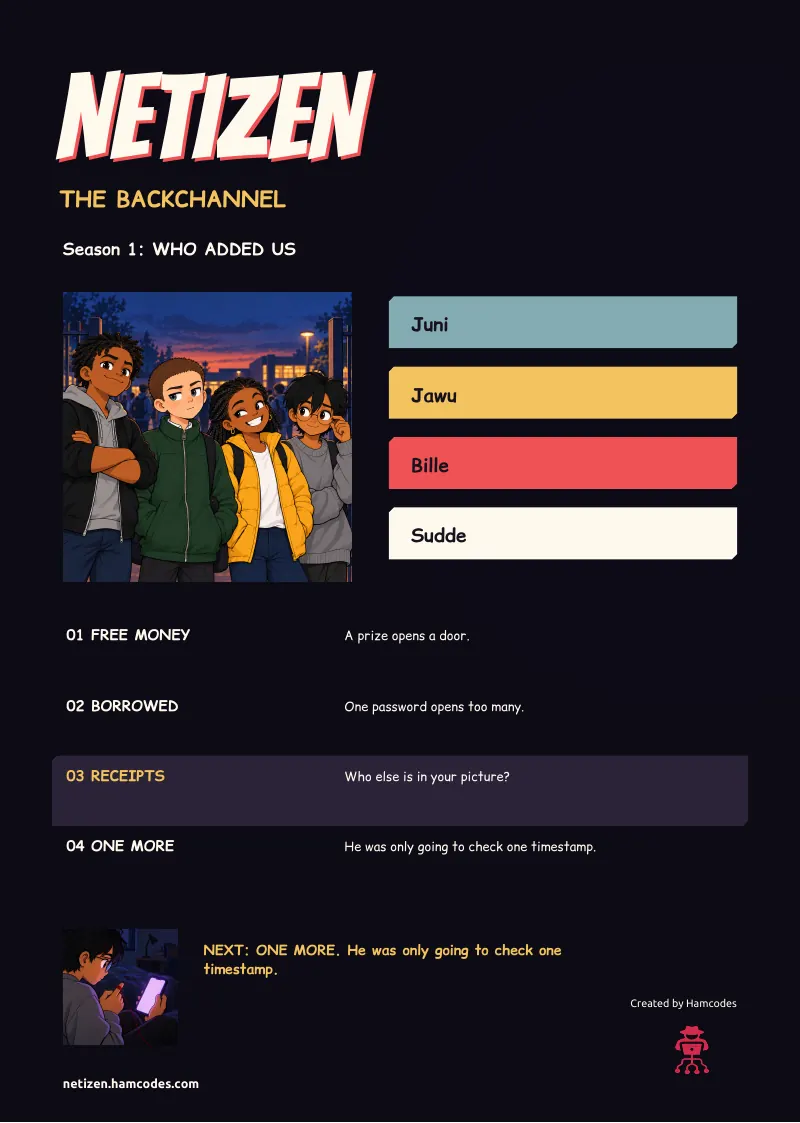 Season page. NETIZEN NETIZEN THE BACKCHANNEL Season 1: WHO ADDED US Juni Jawu Bille Sudde 01 FREE MONEY A prize opens a door. 02 BORROWED One password opens too many. 03 RECEIPTS Who else is in your picture? 04 ONE MORE He was only going to check one...