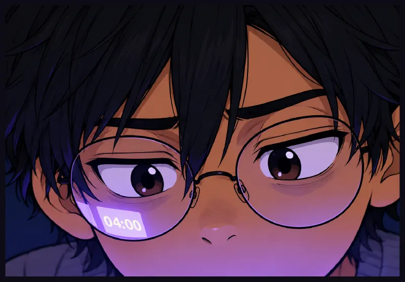 Sudde's eyes behind his round glasses, lit violet from below. A tiny phone clock reflected in one lens: 04:00.