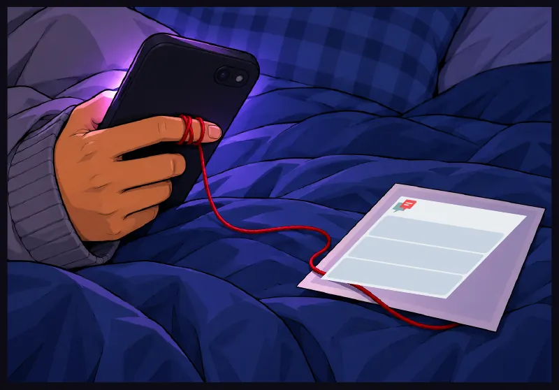 Sudde's hand on his phone, a length of red string wound around one finger, following it towards a printed screenshot.