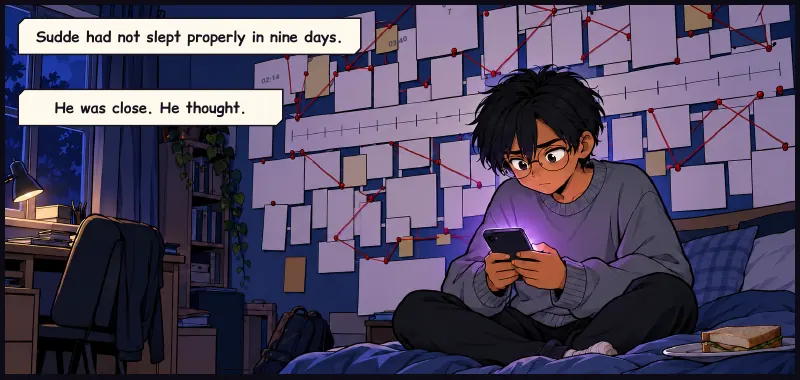 His bedroom at 4 a.m. A whole wall of printed screenshots, dates and timestamps, joined with red string, a ruled timeline across the middle. Caption: Sudde had not slept properly in nine days. Caption: He was close. He thought.