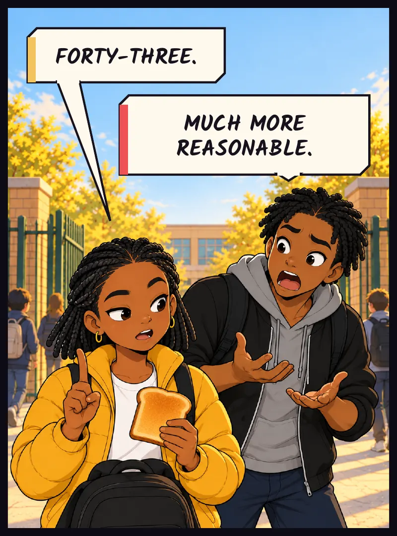 Jawu leans in, counts, goes back to her toast. Jawu: Forty-three. Bille: Much more reasonable.